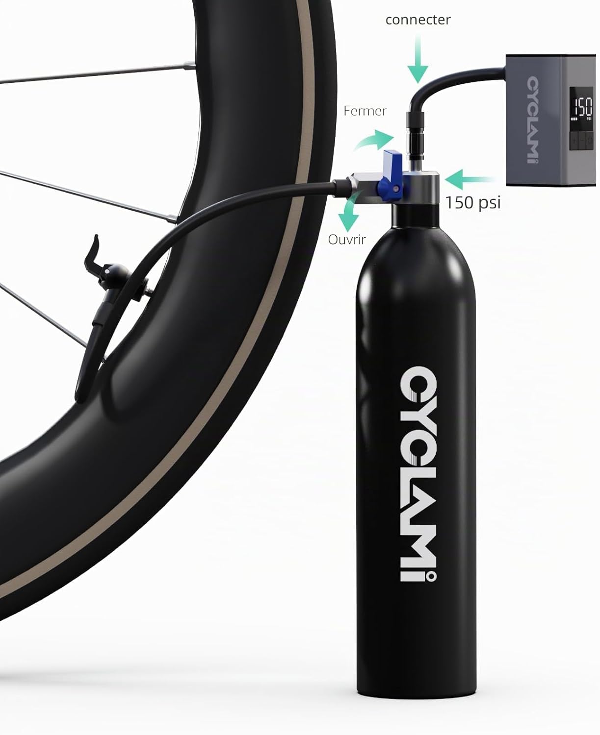 Pompe Compresseur Gonfleur Tubeless 1.3 litres, Gonfleur de Pneus - Pompe à Air pour Vélo de Route et de Montagne avec AV/FV