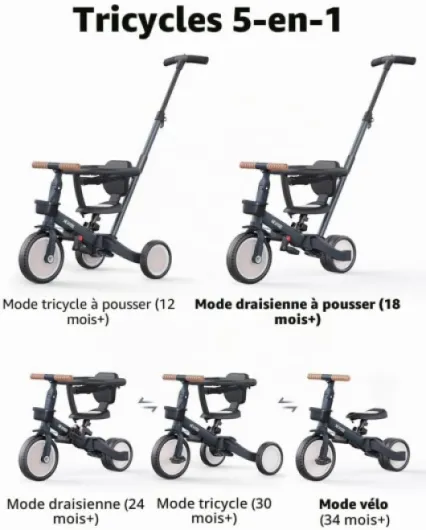 Tricycle Draisienne 5 en 1, Tricycle Bébé Évolutif 1-3 Ans avec Barre Poussée, Vélo Enfant, Guidon Réglable, Barres Sécurité, Jouet à Chevaucher, Cadeau Anniversaire, TR008, Gris Anthracite