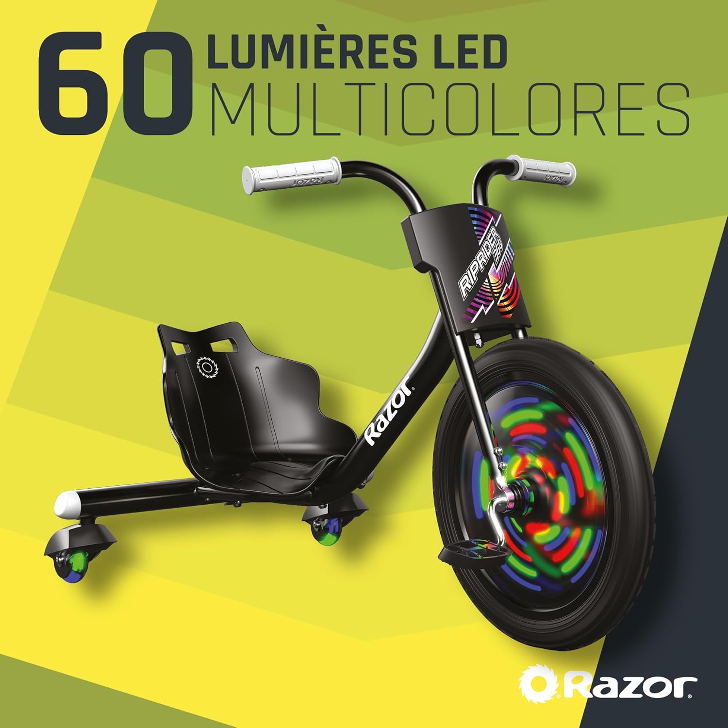 RipRider 360 Lightshow - Trike avec roulettes arrière et lumières Multicolores activées par Le Mouvement, manège à 3 Roues pour Enfants de 5 Ans et Plus, Noir