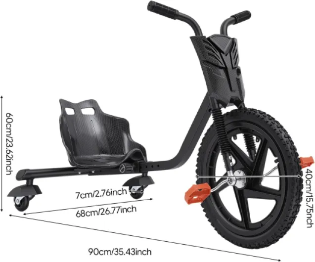 Drift Trike Trottinette à 3 roues pour enfants à partir de 6 ans, hauteur réglable sur 4 positions, avec feu arrière LED, tricycle stable jusqu'à 80 kg, noir