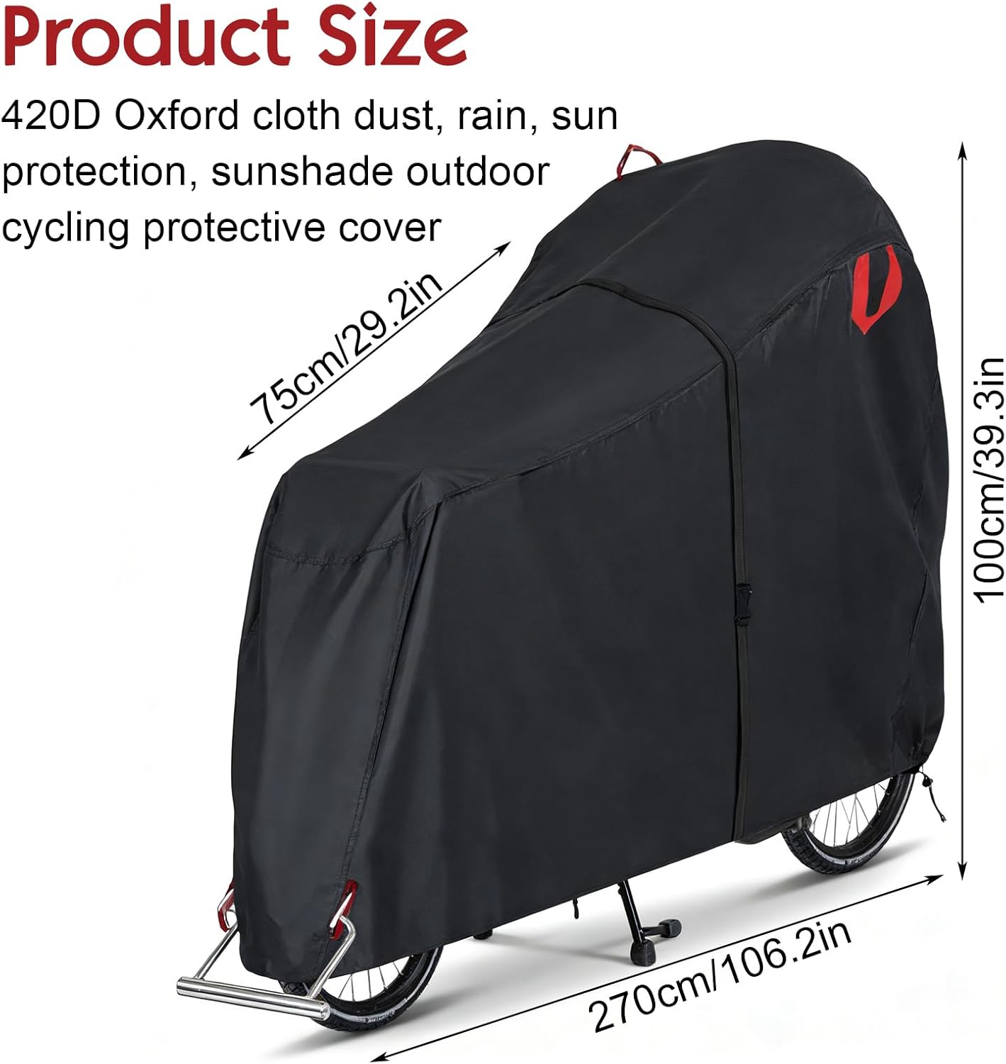Housse Protection Vélo Cargo Imperméable Extérieur en Oxford 420D avec Bandes Réfléchissantes Protection UV Anti-Déchirure pour Vélos Cargo 270×75×100cm
