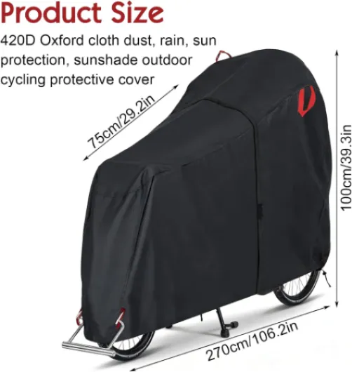 Housse Protection Vélo Cargo Imperméable Extérieur en Oxford 420D avec Bandes Réfléchissantes Protection UV Anti-Déchirure pour Vélos Cargo 270×75×100cm
