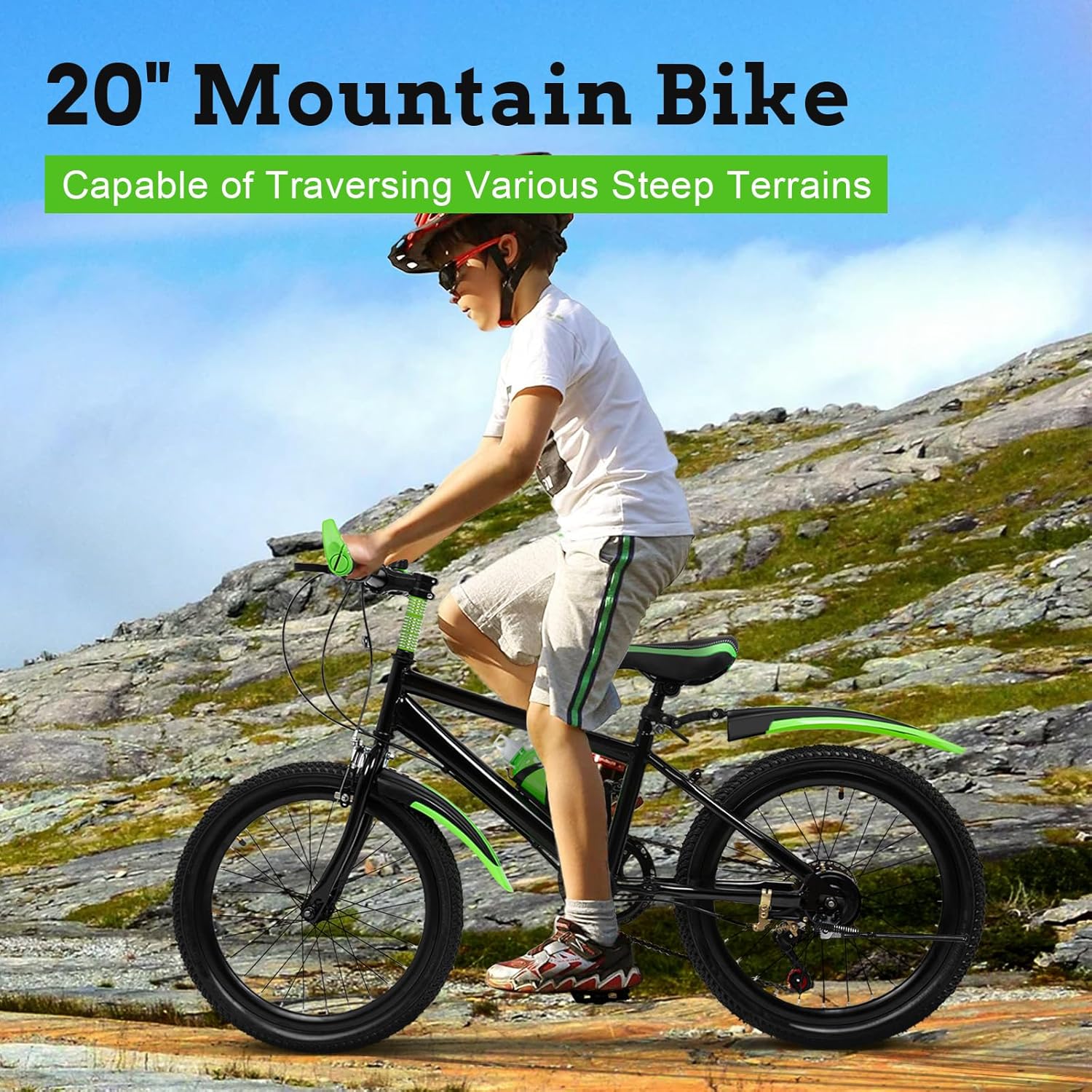 VTT 20 pouces, vélo de route, vélo en acier au carbone avec porte-gobelet à eau, cloche et garde-boue, capacité de charge 85 kg Vert