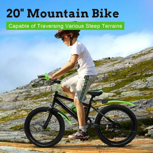 VTT 20 pouces, vélo de route, vélo en acier au carbone avec porte-gobelet à eau, cloche et garde-boue, capacité de charge 85 kg Vert