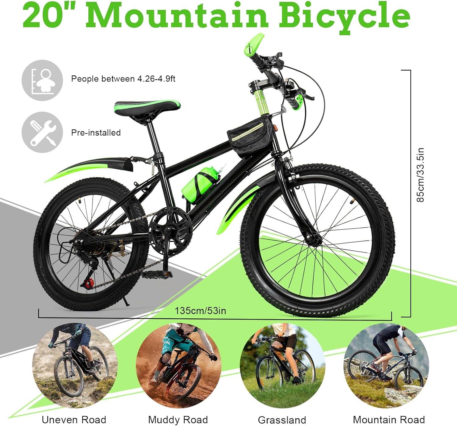 Vélo pour enfant garçon 20 pouces - Vélo VTT pour enfant - Vélo d'alpinisme vert - Charge maximale : 75 kg - Convient pour la plupart des trajets sur route
