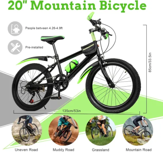Vélo pour enfant garçon 20 pouces - Vélo VTT pour enfant - Vélo d'alpinisme vert - Charge maximale : 75 kg - Convient pour la plupart des trajets sur route