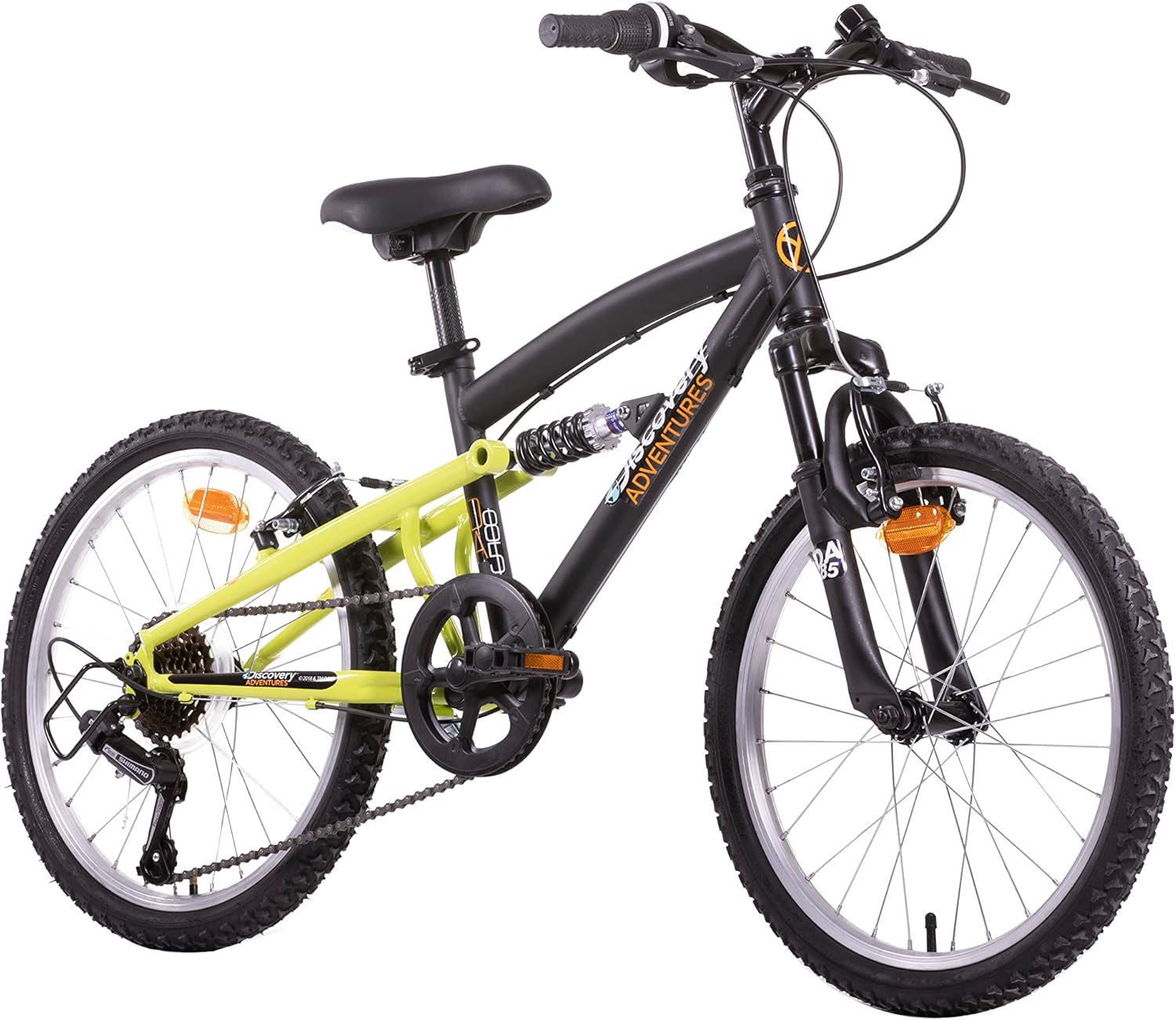 Discovery Vélo VTT 20'' Tout Suspendu Adventures -6 Vitesses-dérailleur Shimano TY21-Freins V-Brake-Jantes en Aluminium Y20 Mixte, Black/Yellow