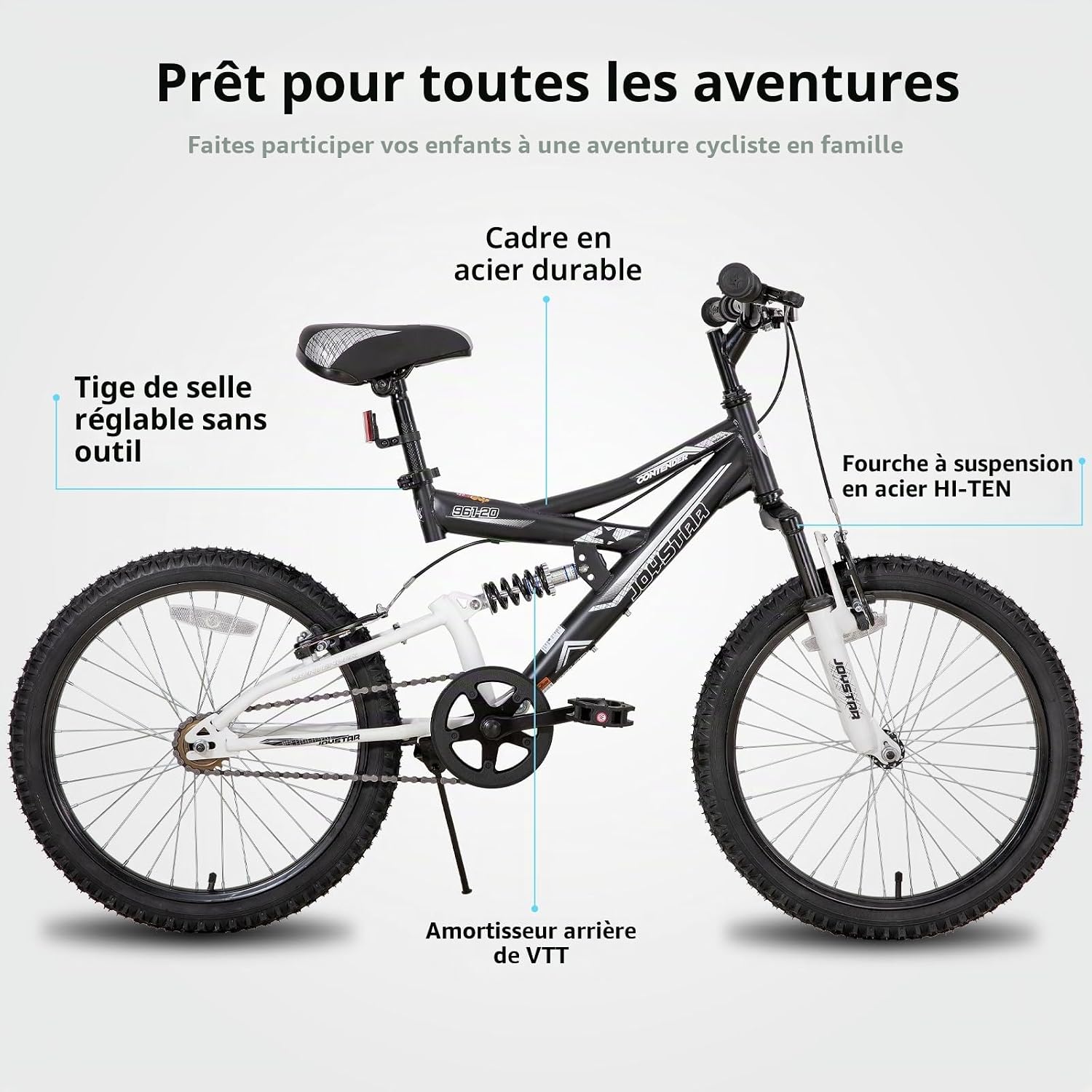 VTT Enfant joystar 20 Pouces pour garçons et Filles de 7 à 13 Ans, vélo Enfant avec Cadre en Acier entièrement Suspendu et Transmission à 1 Vitesse avec béquille Noir