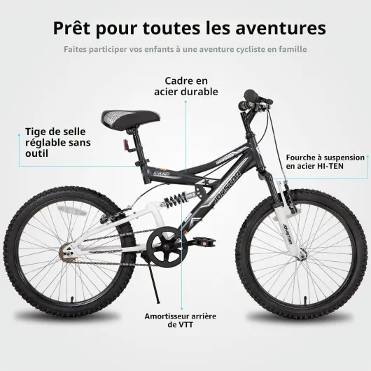 VTT Enfant joystar 20 Pouces pour garçons et Filles de 7 à 13 Ans, vélo Enfant avec Cadre en Acier entièrement Suspendu et Transmission à 1 Vitesse avec béquille Noir