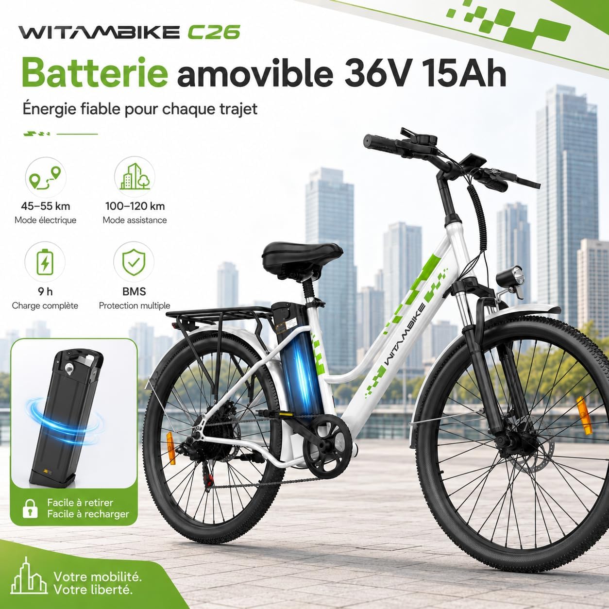 Vélo Électrique 26 Pouces Vélo Électrique Femme et Homme,6 Vitesses,Moteur 250W,36V 15Ah/20Ah Batterie Amovible,Smart Urban E-Bike,Adulte Unisex W-C26-Blanc C26-36V15A
