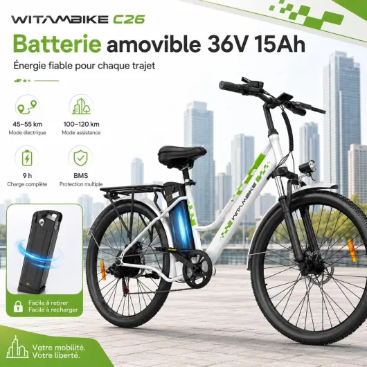 Vélo Électrique 26 Pouces Vélo Électrique Femme et Homme,6 Vitesses,Moteur 250W,36V 15Ah/20Ah Batterie Amovible,Smart Urban E-Bike,Adulte Unisex W-C26-Blanc C26-36V15A