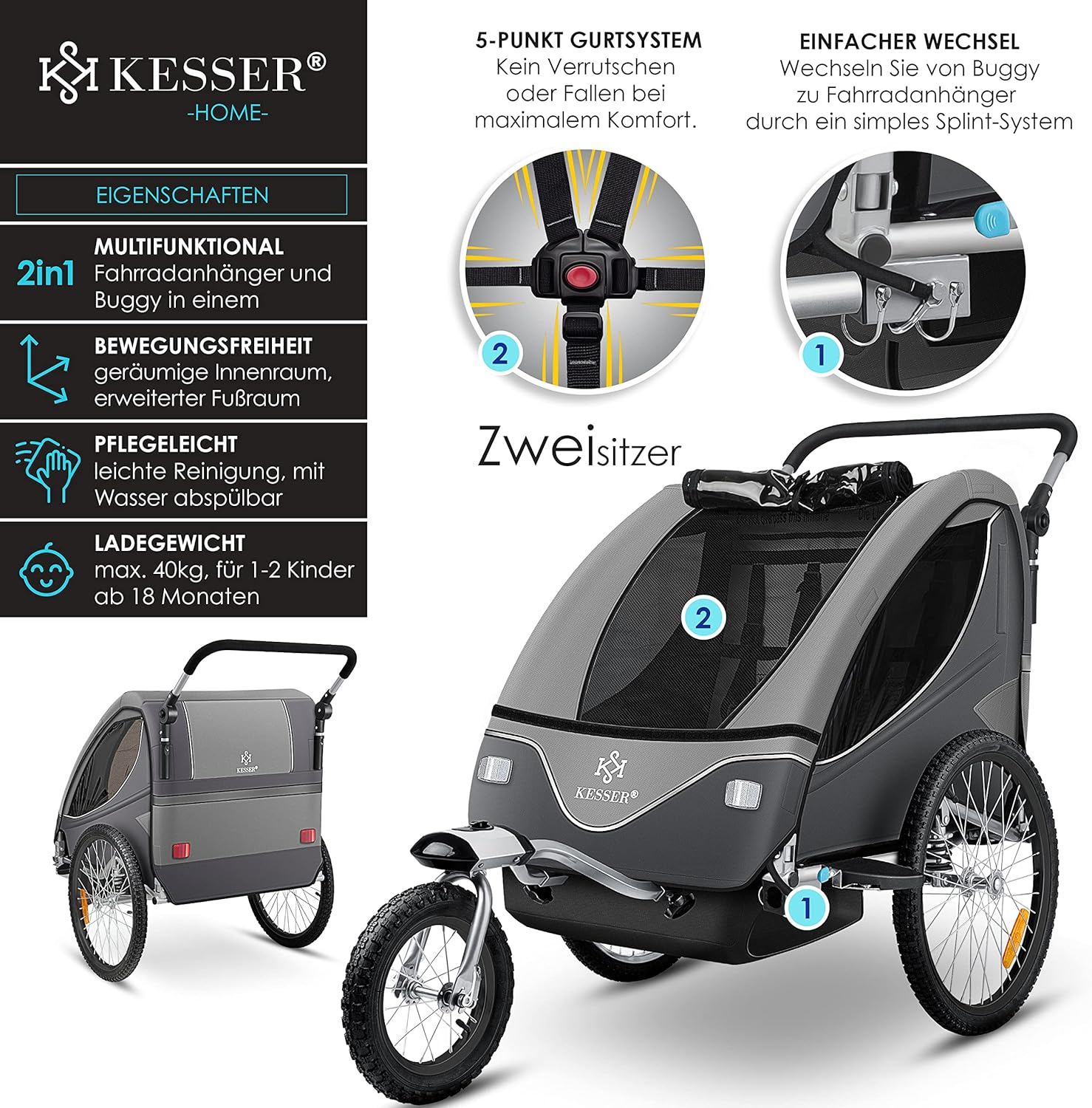 KESSER® Remorque de vélo pour Enfant - Rotation à 360° - avec Suspension 2 en 1 - Fonction Jogger - Remorque de vélo pour Enfant - Sangle à 5 Points - pour 1 à 2 Enfants - 40 kg Gris Clair