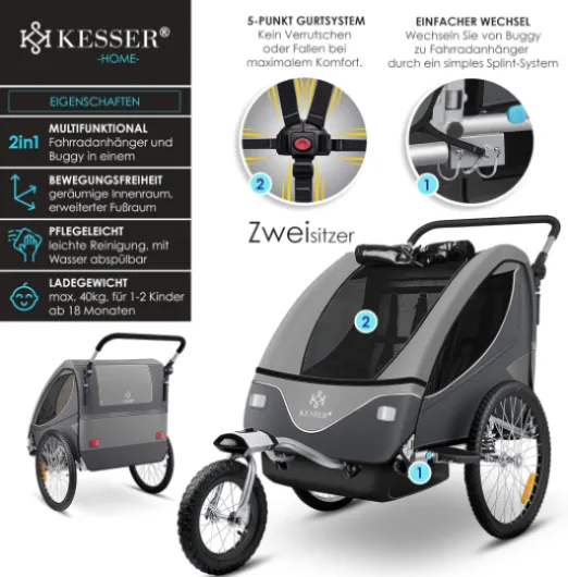 KESSER® Remorque de vélo pour Enfant - Rotation à 360° - avec Suspension 2 en 1 - Fonction Jogger - Remorque de vélo pour Enfant - Sangle à 5 Points - pour 1 à 2 Enfants - 40 kg Gris Clair