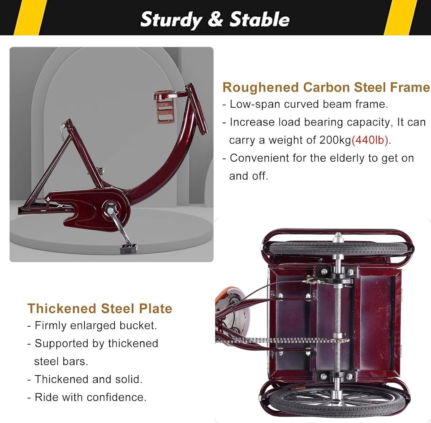 Tricycle Cargo avec Cabine arrière, vélo à 3 Roues avec Roues de 20 Pouces, Tricycle Adulte avec Double freinage, pour Les Loisirs, Le Shopping,Suspension Avant Wine Red Spoke wheel