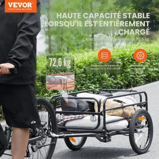 Remorque de vélo avec capacité de charge de 88/100/72,6 kg, chariot de vélo robuste, pliable et compact avec attelage universel