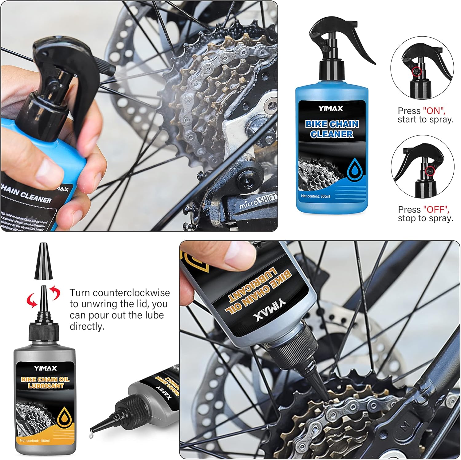 Nettoyant pour Chaîne de Vélo, Kit de Nettoyage pour Vélos avec 100 ml Huile pour Chaîne de Vélo et 300 ml Spray de Nettoyage, Kit Nettoyant Lubrifiant pour Chaîne avec Brosses Spray+Oil