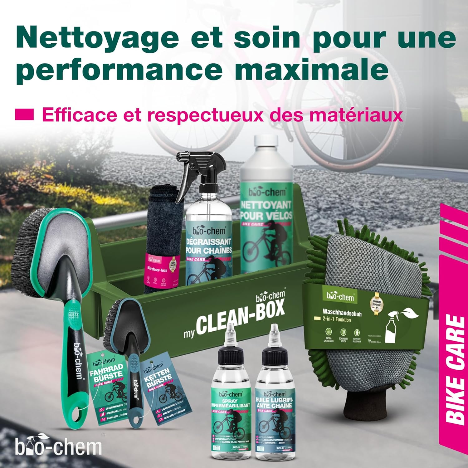 Bio-chem Kit 9 produits d'entretien et nettoyage vélo, vtt + accessoires - Produits nettoyants d'entretien du cadre velo route, chaine vtt - Accessoires inclus - Boite de rangement incluse 4) Premium Set 9 produits, dont boîte