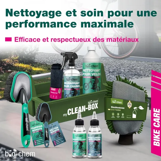 Bio-chem Kit 9 produits d'entretien et nettoyage vélo, vtt + accessoires - Produits nettoyants d'entretien du cadre velo route, chaine vtt - Accessoires inclus - Boite de rangement incluse 4) Premium Set 9 produits, dont boîte