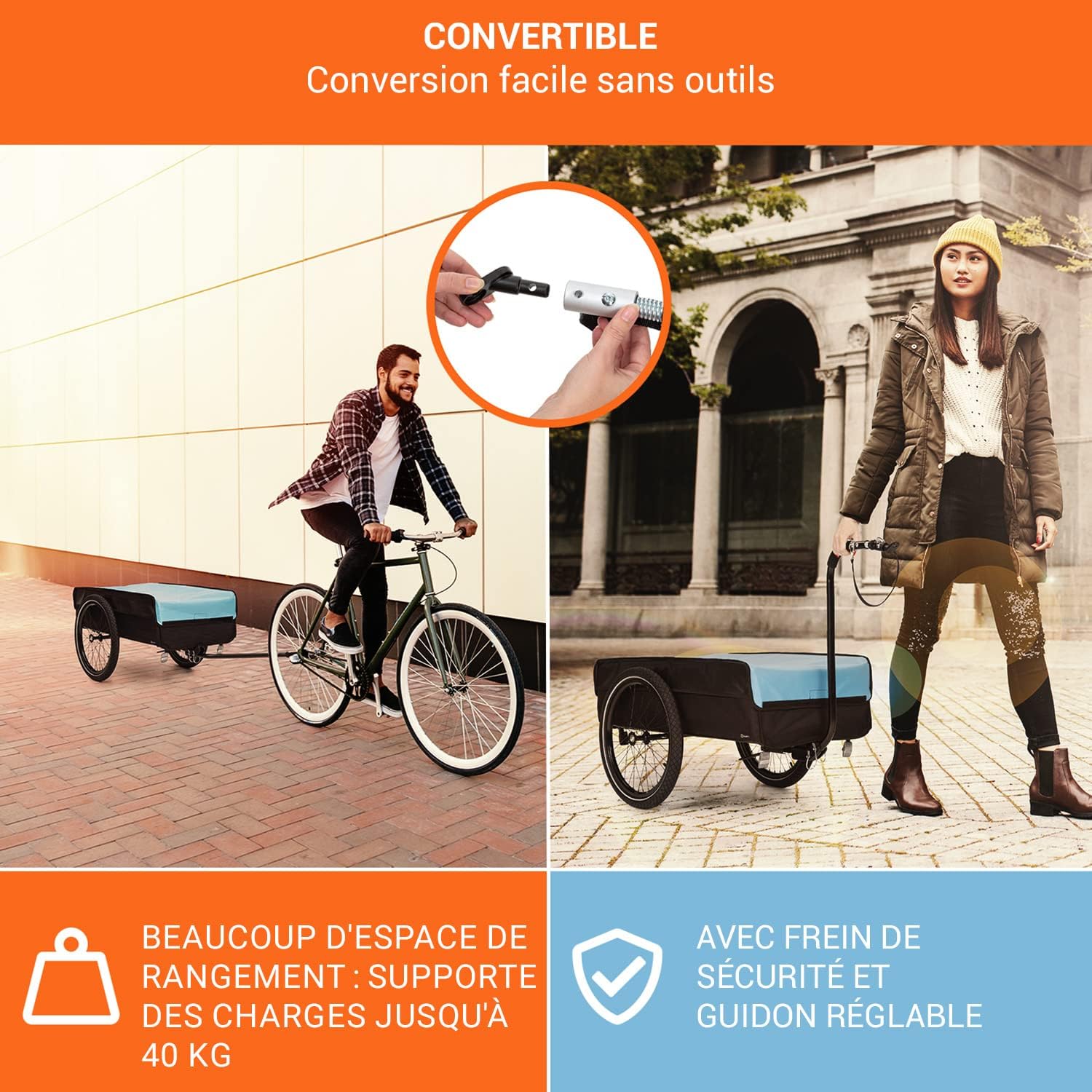 Klarfit Remorque Velo Cargo, Charette Velo à 2 Roues, Remorque Vélo pour Bicyclette, Kit de Fixation pour Remorques en Acier avec Attelage et Support, Chariot Etanche pour Camping, Bagages, Trekking Grand Noir - Bleu