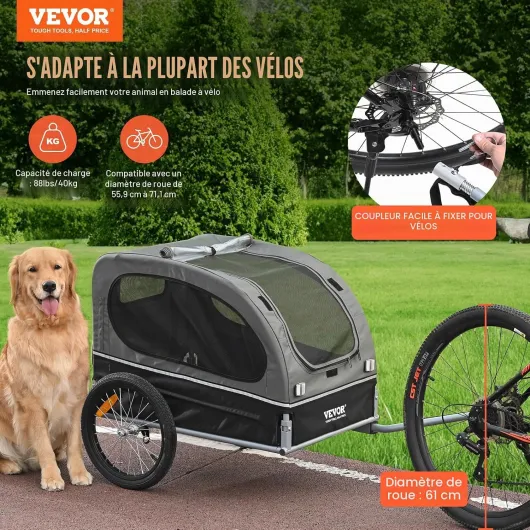 Remorque vélo pour Chien, Charge, Porte Animaux de Compagnie de vélos, Cadre Pliable Facile avec Roue à dégagement Rapide, coupleur de vélo Universel, réflecteur, Drapeau, Laisse Interne Noir/Gris