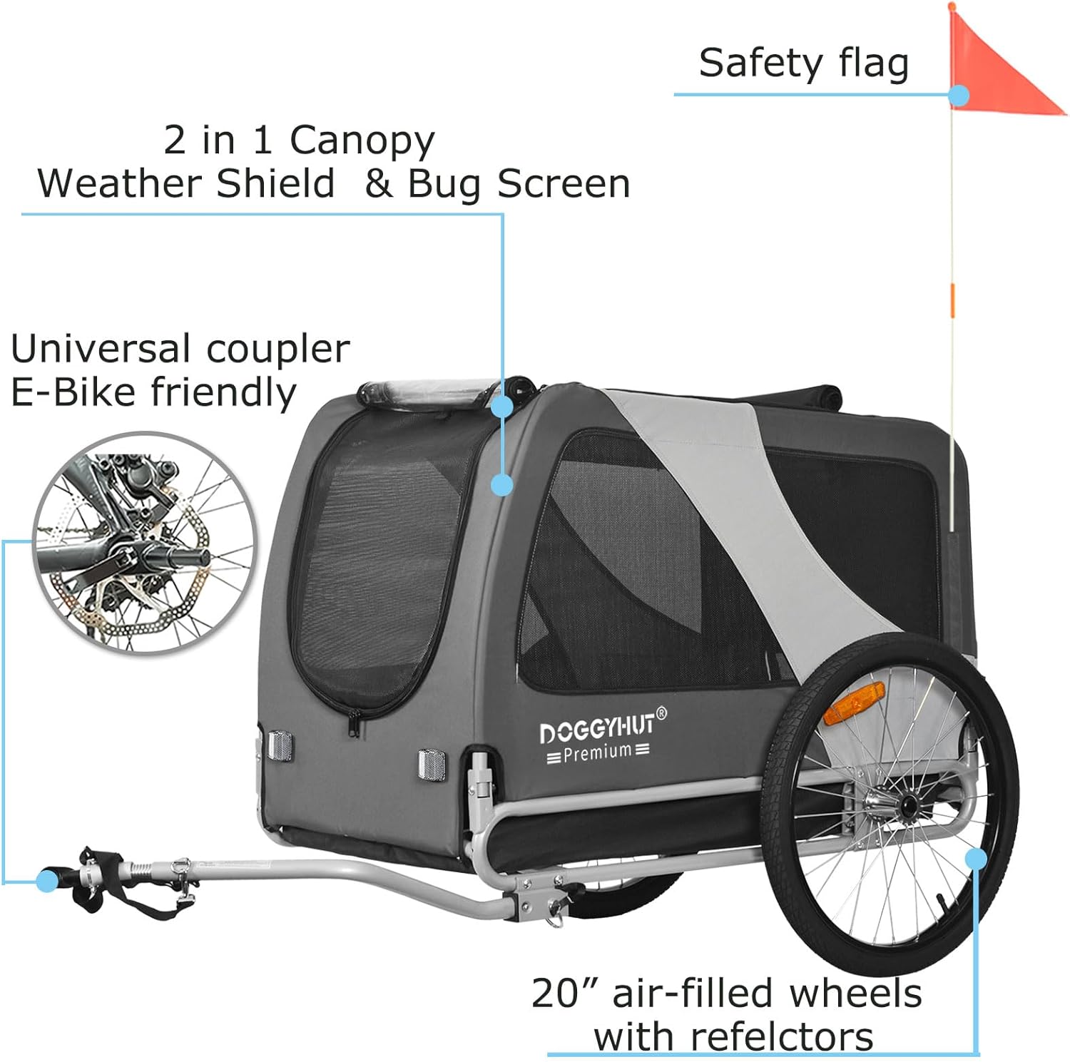 Doggyhut Premium XL Remorque pour Chiens Grande remorque Velo pour Chien 45 kg Centre de gravite Bas Gris