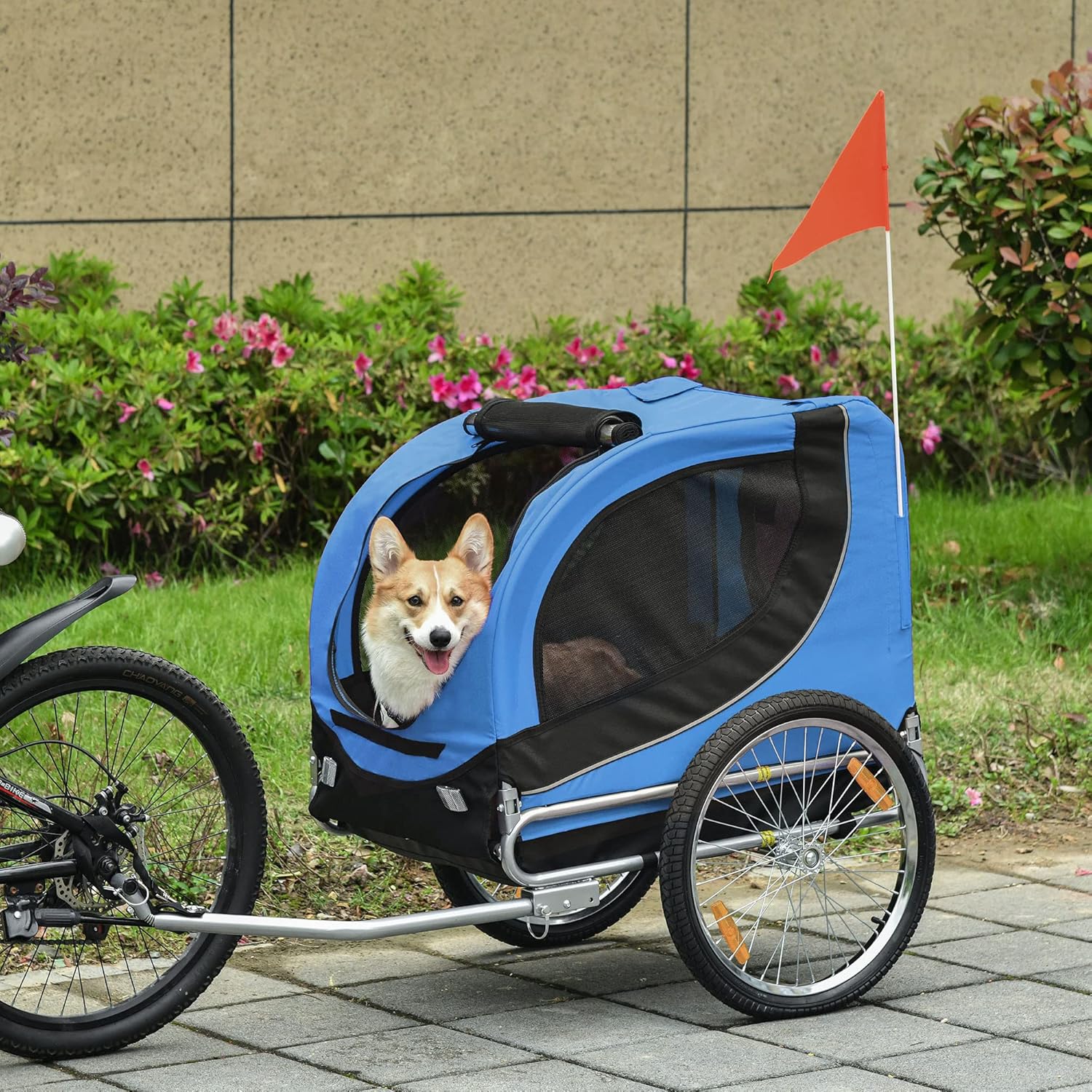 PawHut Remorque Velo pour Chien Animaux avec 8 reflecteurs Drapeau Bleu Noir