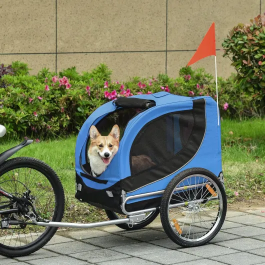 PawHut Remorque Velo pour Chien Animaux avec 8 reflecteurs Drapeau Bleu Noir