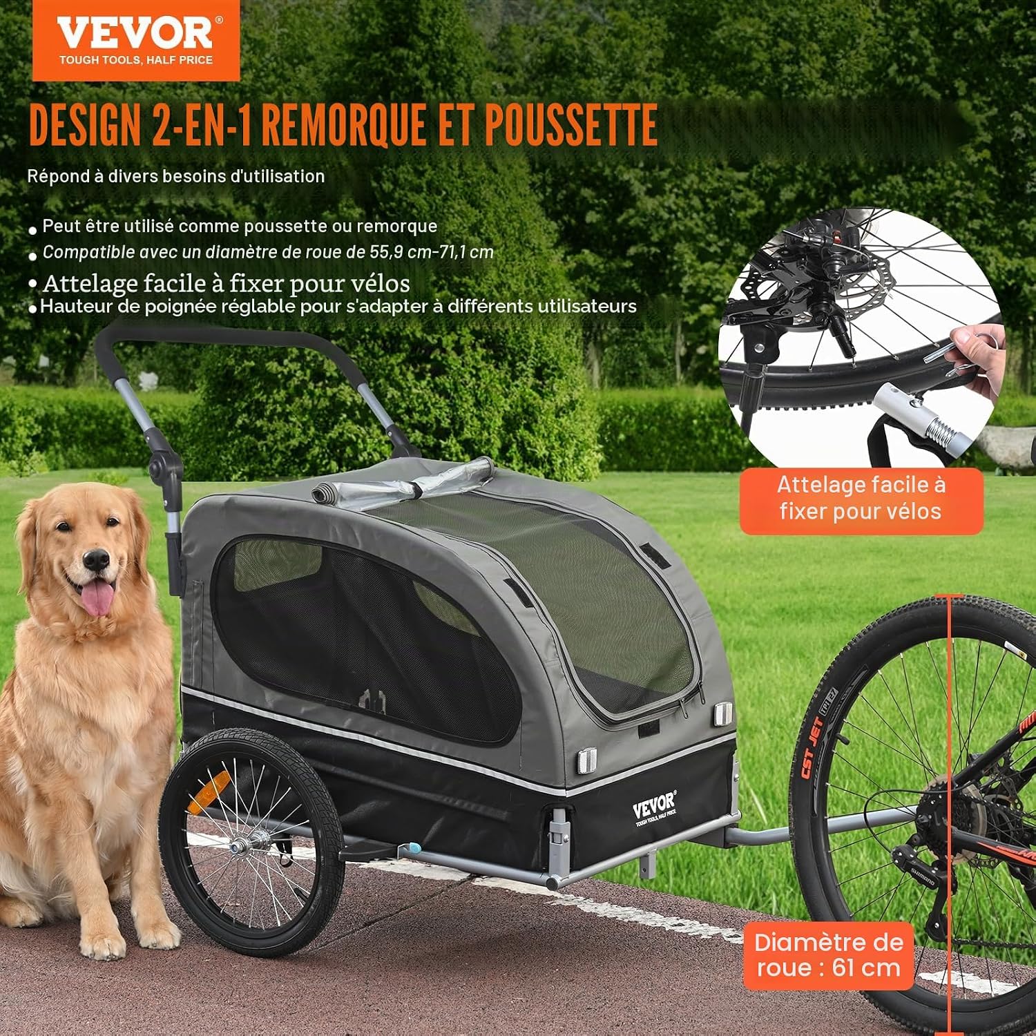 Remorque vélo pour Chien, Charge 40 kg, Poussette d'animaux de Compagnie 2 en 1, Cadre Pliable Facile avec Roue à dégagement Rapide, coupleur de vélo Universel, Laisse Interne Noir/gris