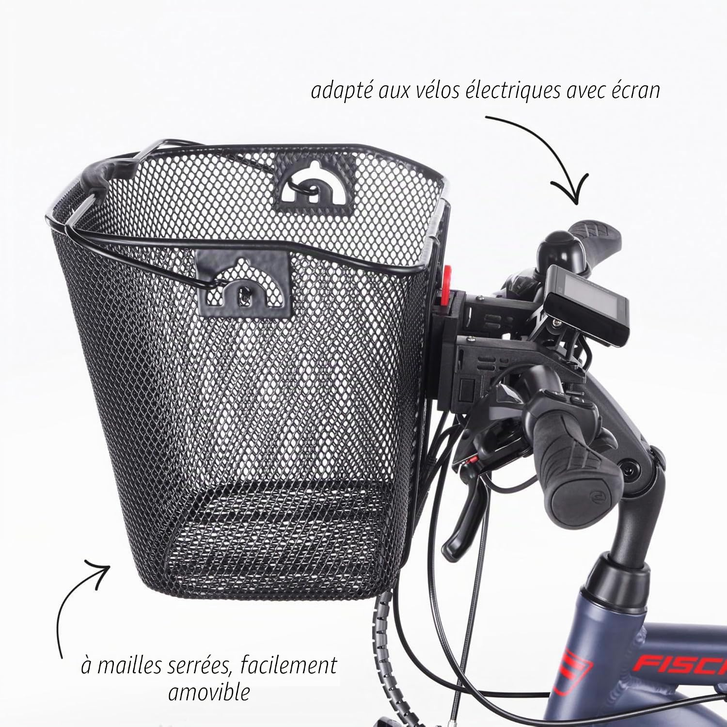 Panier de guidon Fischer avec fixation rapide, spécialement conçu pour les vélos électriques, capacité de charge 5 kg, compatible avec tous les écrans courants d'une largeur de 9 cm, entre autres pour simple