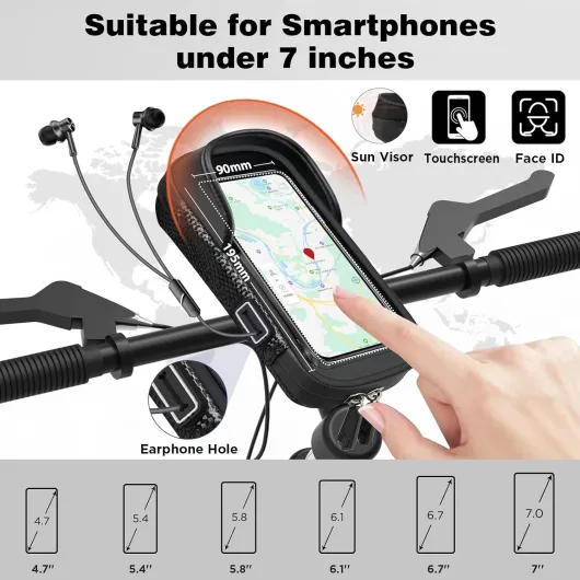 Support Téléphone Vélo Étanche, Sacoche Vélo Guidon Cadre, Porte Téléphone Vélo VTT Trottinette Moto, Sac Vélo avec Housse de Pluie Rotation 360 Écran Tactile pour Smartphone 7 Pouces 7 pouces Noir