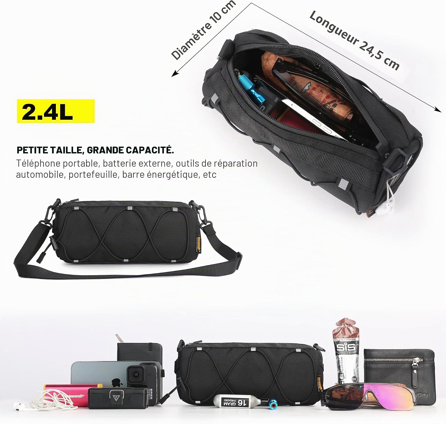 Sac de guidon de vélo, sac avant à bandoulière pour vélo de route, VTT, accessoires de cyclisme, noir + noir