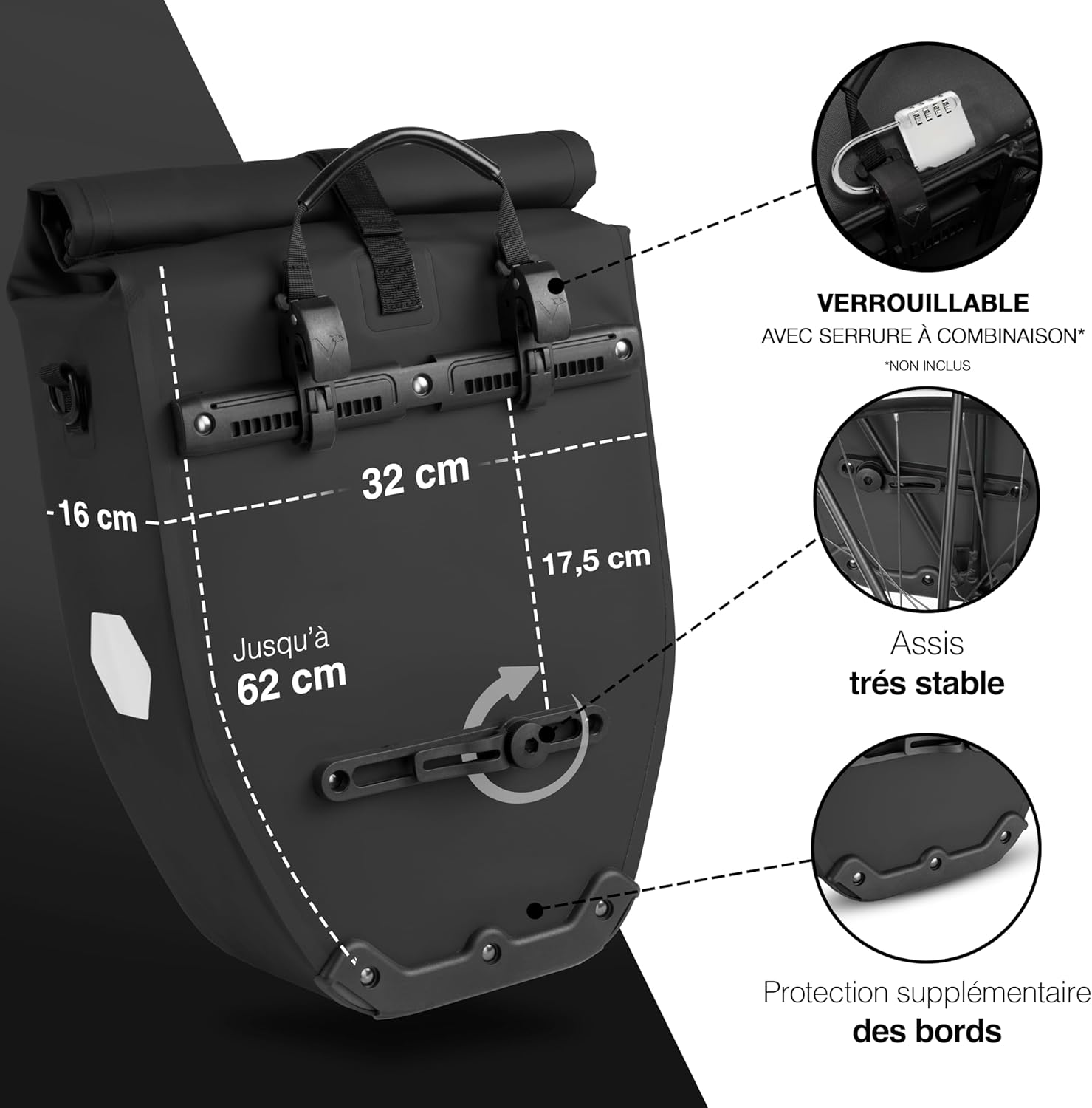 Valkental - Grand Sac étanche pour Porte-Bagages - Sacoche de vélo pour Porte-Bagages avec Grands réflecteurs [verrouillable] Fixation Ultra-résistante - Plusieurs Fois primé - Conçu pour Durer 28L Noir