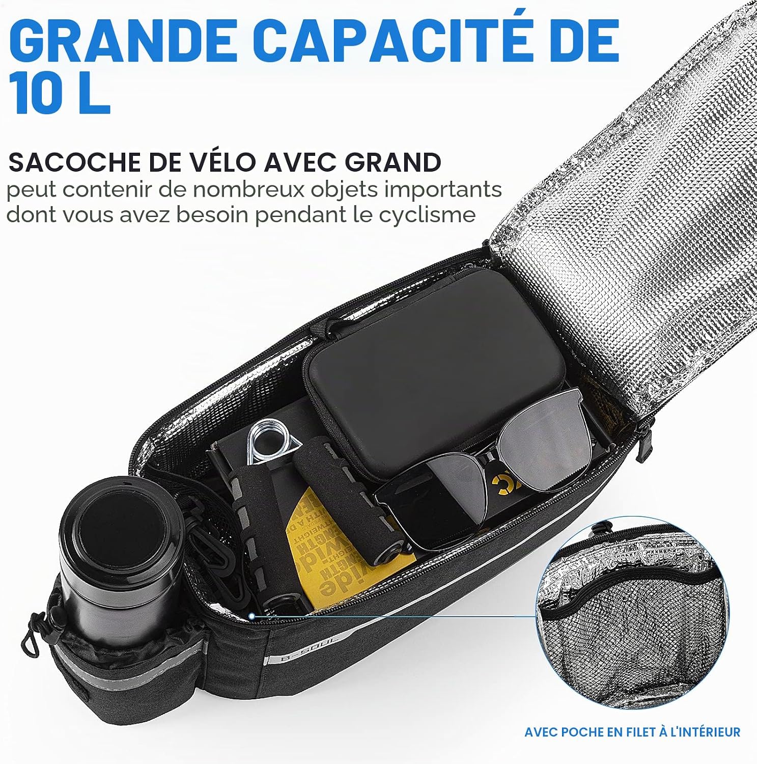 Finew Sacoche Velo Porte Bagage Bicyclette Arriere Étanche 10L, Isolé Tronc Glacière, Réfléchissant, Étanche avec Housse de Pluie Peut être utilisé comme Un Sac à bandoulière Noir Noir - 10 L
