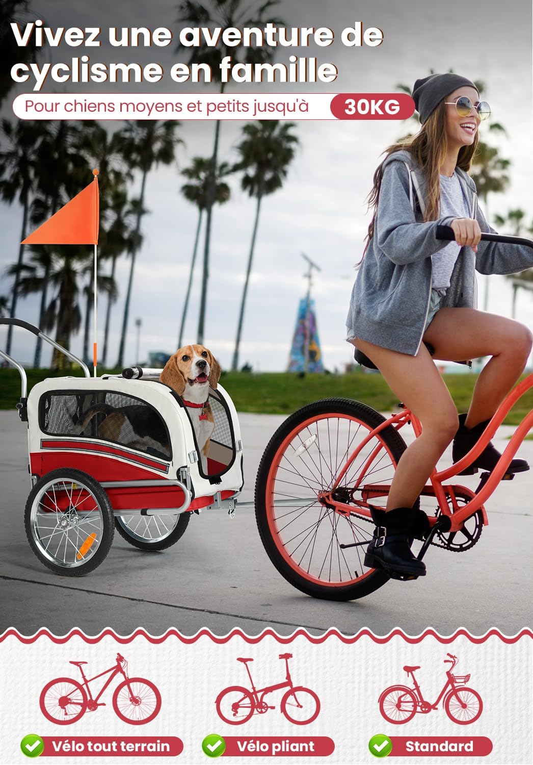 Remorques Vélo pour Chiens pour Animaux De Compagnie De Remorque De Vélo De Chien Pliant pour Le Kit De Jogging De Vélo (Rouge) M – Jusqu'à 30 kg Rouge