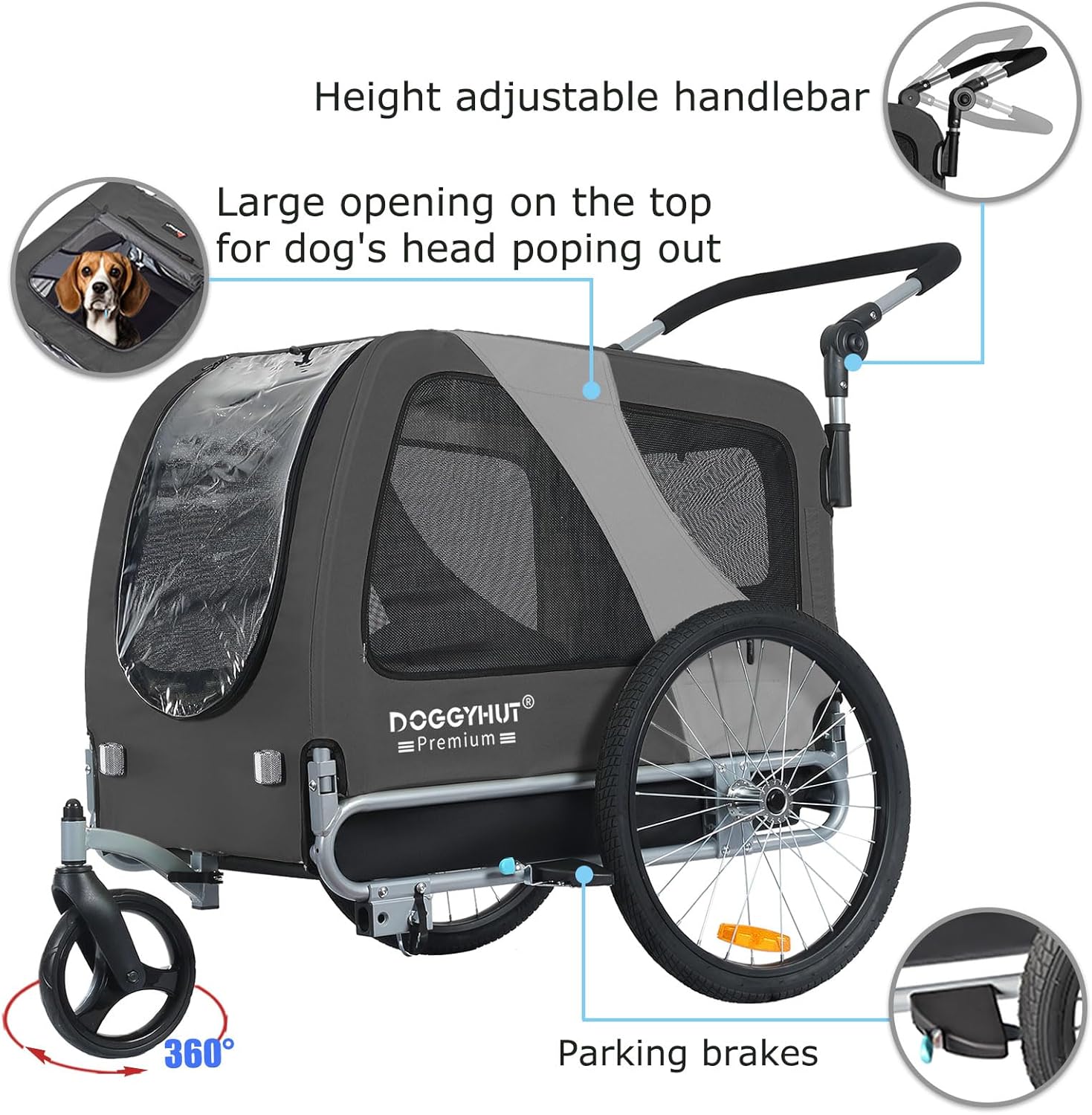 Doggyhut Premium L Remorque de Velo 2 en 1 Grande Poussette remorque Velo pour Chien de Taille Moyenne et Grande Chiens Maximum 35 kg Gris