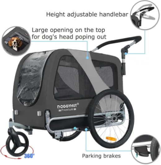 Doggyhut Premium L Remorque de Velo 2 en 1 Grande Poussette remorque Velo pour Chien de Taille Moyenne et Grande Chiens Maximum 35 kg Gris