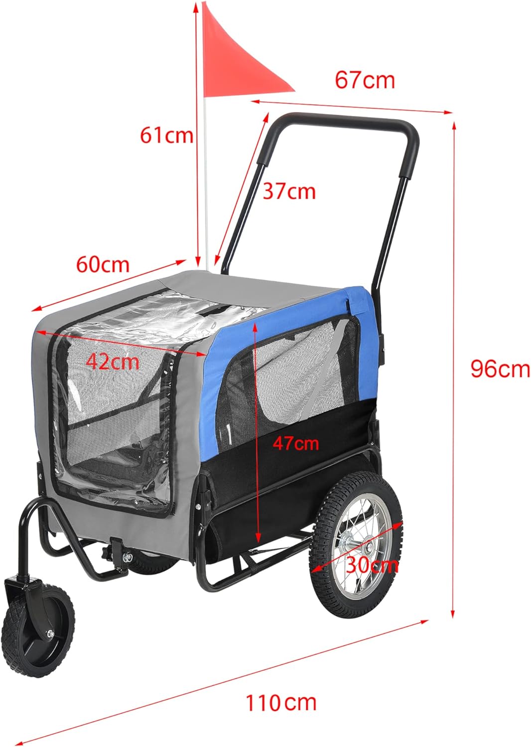 Remorque Vélo pour Chien Animaux avec Roue Frontale Réflecteurs et Drapeau Rouge Barre d'Attelage Capacité 20 kg 143 x 67 x 96 cm Acier PVC et Polyester Bleu Gris Noir
