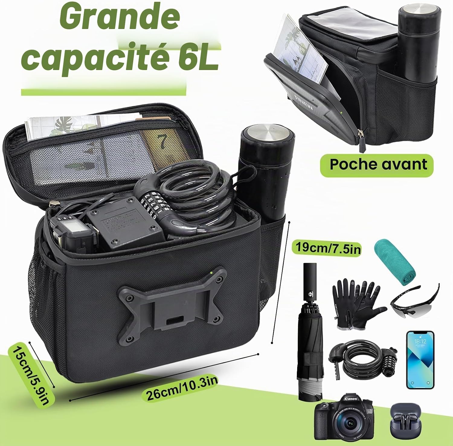 Sacoche de guidon FINEW pour vélo avec adaptateur de guidon pour E-Bike et vélo, panier avant de vélo de 6L, sacoche de guidon étanche avec support pour téléphone portable, écran tactile, bandoulière 6 liter