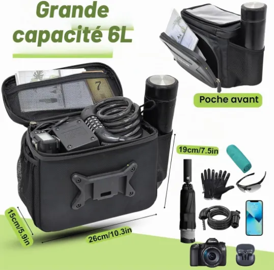 Sacoche de guidon FINEW pour vélo avec adaptateur de guidon pour E-Bike et vélo, panier avant de vélo de 6L, sacoche de guidon étanche avec support pour téléphone portable, écran tactile, bandoulière 6 liter