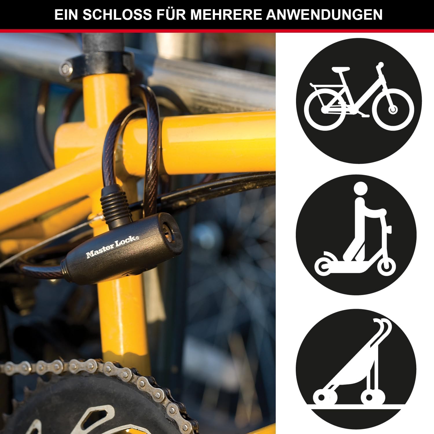 Cable Antivol Vélo [1,8 m Câble] [Clé] [Extérieur] 8126EURDPRO - Idéal pour Vélo, Vélo Electrique, Skateboard, Poussettes, Tondeuses et autres Equipements Noir 1.80 m Unique