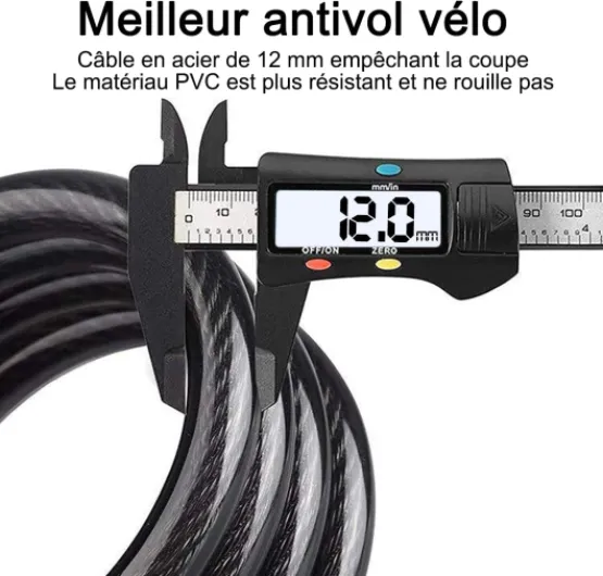 Antivol Velo, 120 cm/12 mm, Niveau de Sécurité Très Élevé, avec Code Numérique à 5 Chiffres, Support de Vélo, Antivol pour Vélo, Tricycle, Scooter, Vélo Noir