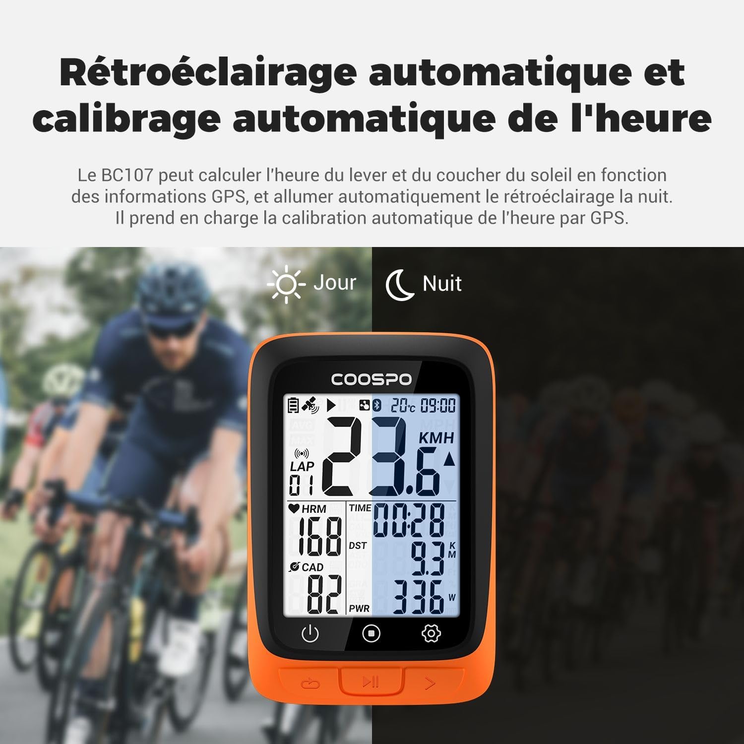 BC107 Compteur Velo sans Fil Bluetooth 5.0 Ant+ Compteur Vitesse Velo Odomètre, Écran LCD rétroéclairé de 2.4 Pouces Compatible avec Capteurs Ant, Velo Route et VTT BC107-OR BC107-OR