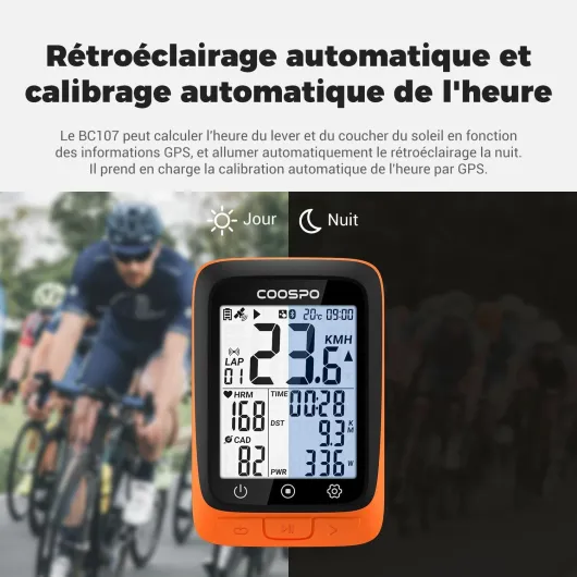 BC107 Compteur Velo sans Fil Bluetooth 5.0 Ant+ Compteur Vitesse Velo Odomètre, Écran LCD rétroéclairé de 2.4 Pouces Compatible avec Capteurs Ant, Velo Route et VTT BC107-OR BC107-OR