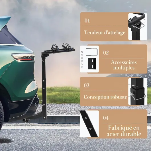 Porte-vélos pour 2 vélos, porte-vélos de voiture avec tendeur d'attelage de remorque, sangles pour voitures, camions, SUV et monospaces, facile à monter et à utiliser Dispositif d'attelage pour 2 vélos