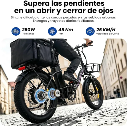 Vélo Électrique 20", 250W, 36V13Ah,100km, 25km/h, Pliable, Fatbike - Batterie 36V 13Ah, Autonomie jusqu'à 120km, Moteur 250W 25km/h, Pneus 20"x3.0" Tout Terrain