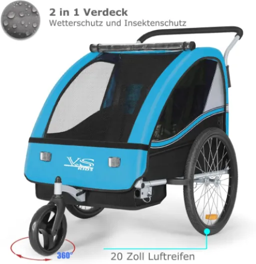 Tiggo VS 2 en1 Remorque pour Enfants Remorque de vélo Fonction de Running Ceinture de securite 5 Points 360° Roue Avant Jogger Poussette Buggy Bleu