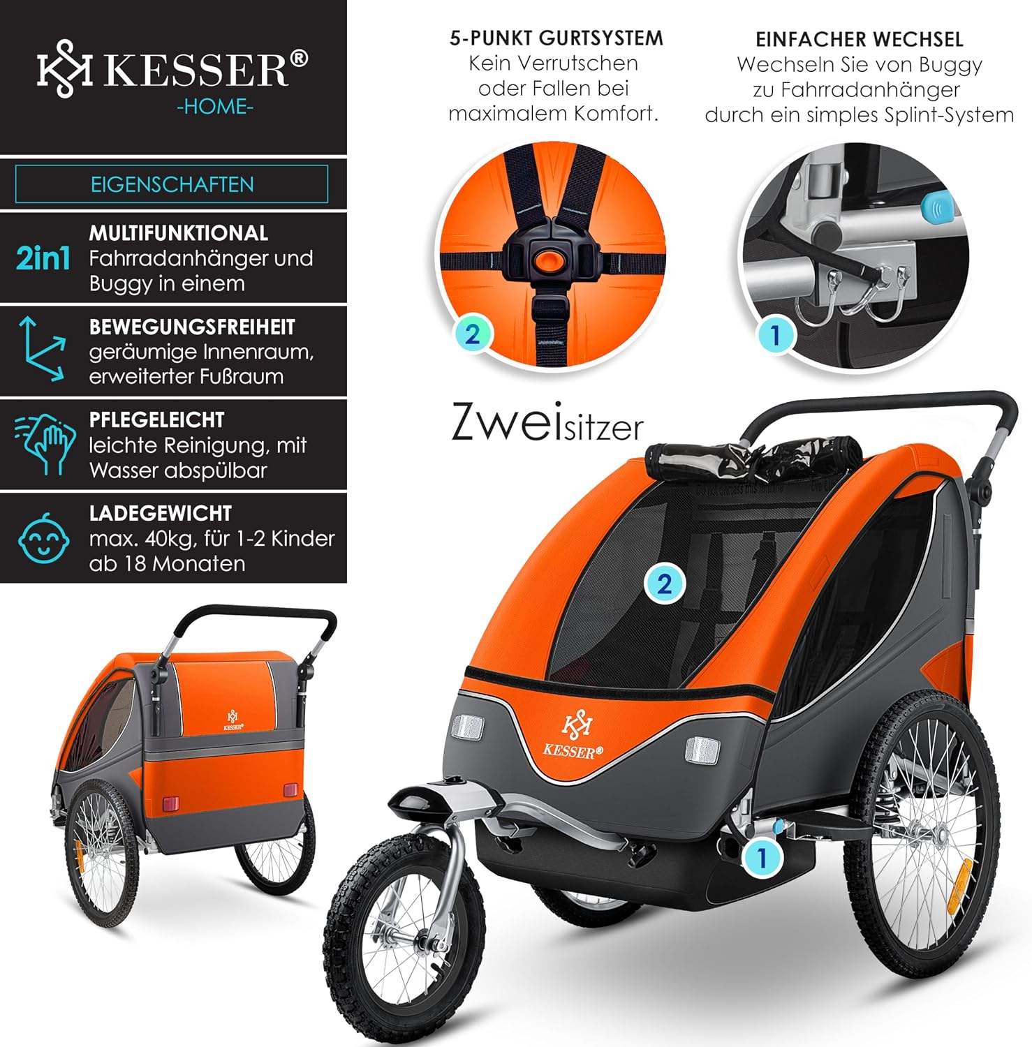 KESSER Remorque de vélo pour enfant pivotante à 360° avec suspension 2 en 1 - Fonction jogging - Sangle à 5 points - Pour 1 à 2 enfants - Charge maximale : 40 kg - Avec drapeau d'avertissement Orange