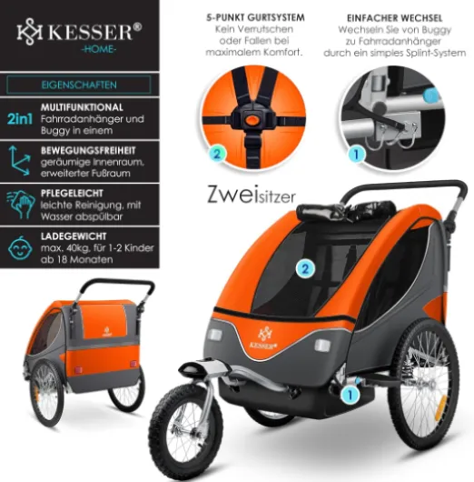 KESSER Remorque de vélo pour enfant pivotante à 360° avec suspension 2 en 1 - Fonction jogging - Sangle à 5 points - Pour 1 à 2 enfants - Charge maximale : 40 kg - Avec drapeau d'avertissement Orange