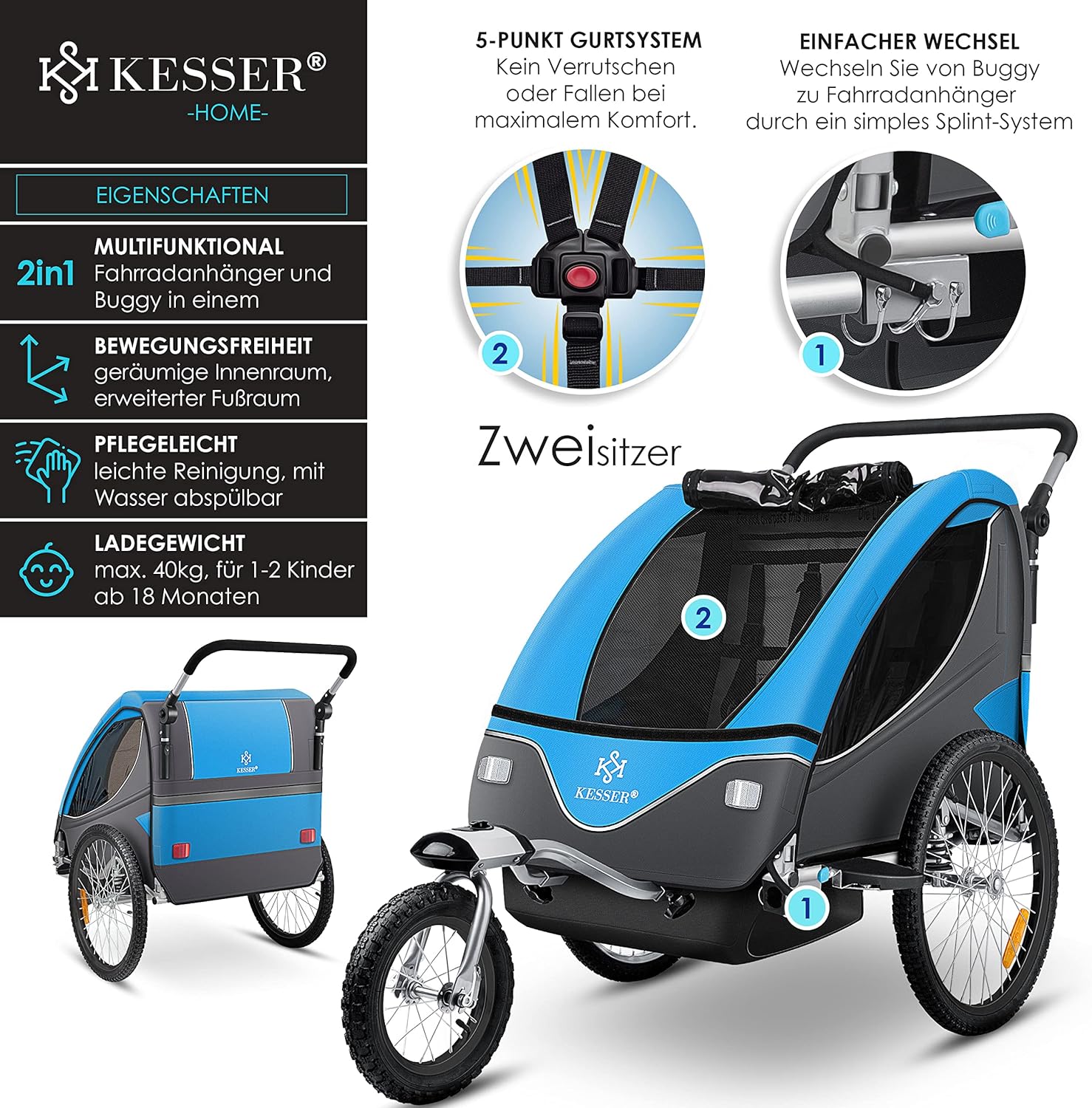 KESSER® Remorque de vélo pour Enfant - Rotation à 360° - avec Suspension 2 en 1 - Fonction Jogger - Remorque de vélo pour Enfant - Sangle à 5 Points - pour 1 à 2 Enfants - 40 kg Bleu
