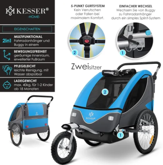 KESSER® Remorque de vélo pour Enfant - Rotation à 360° - avec Suspension 2 en 1 - Fonction Jogger - Remorque de vélo pour Enfant - Sangle à 5 Points - pour 1 à 2 Enfants - 40 kg Bleu